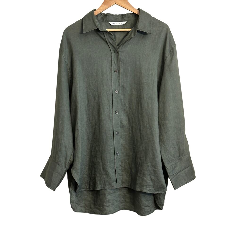 Zara 100% Linen Olive Green Oversized Button Down Shirt XL